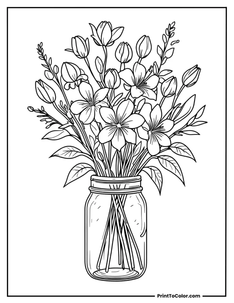 Bouquet in a mason jar with flower stems inside