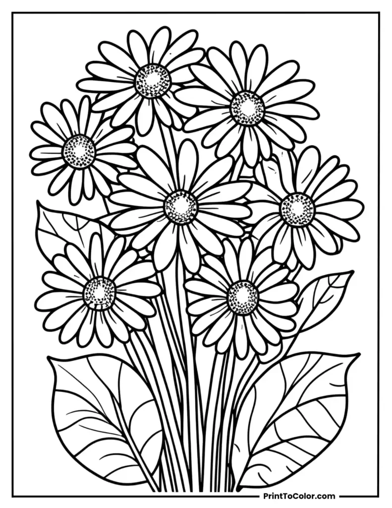 Cluster of daisies with simple leaves surrounding them