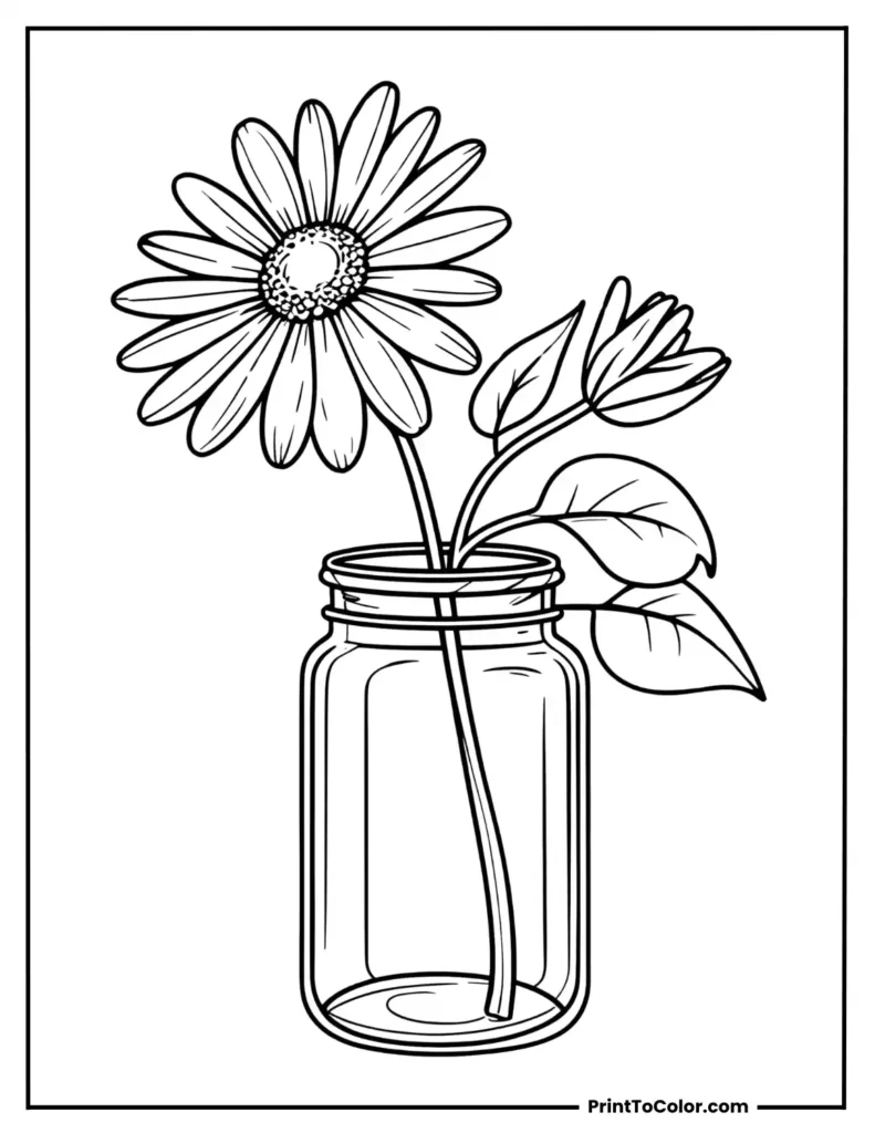Daisy inside a glass jar with stem and leaves
