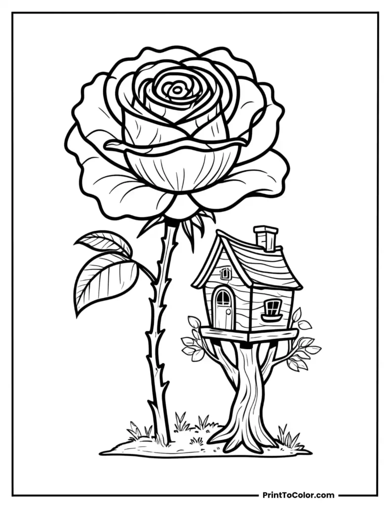 Giant rose growing next to a small treehouse