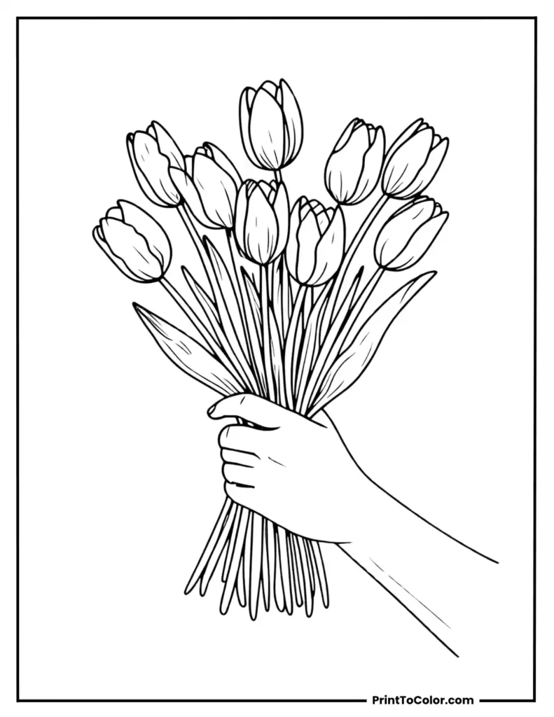 Hand holding a tulip bouquet as a spring gift [tulip coloring pages]