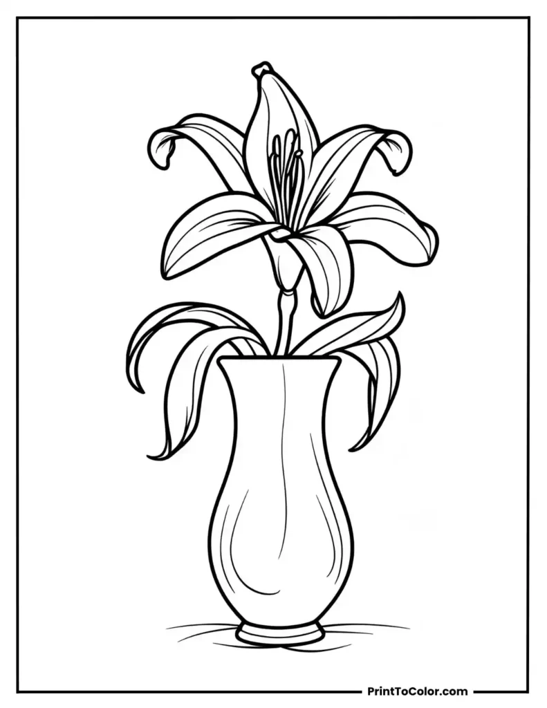 Lily in a tall vase with a curled leaf at the base