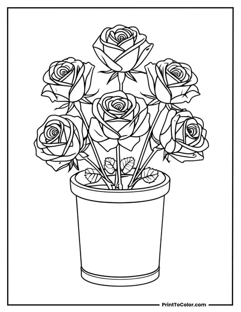 Outlined roses in a basic flowerpot