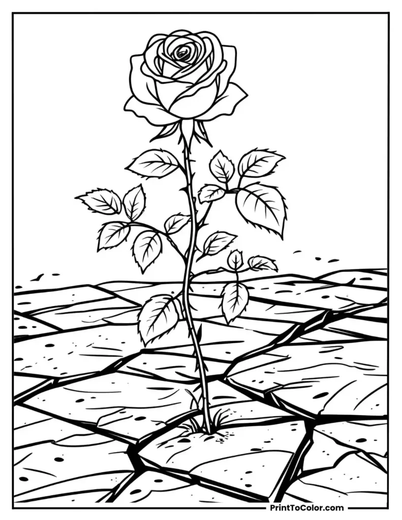 Rose growing through a cracked stone path