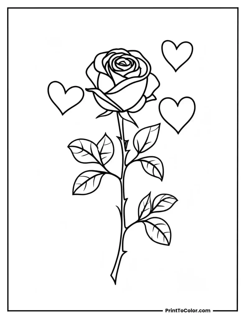 Single rose with three floating hearts around it