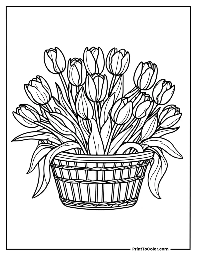 Tulips arranged in a basket with leaves flowing out