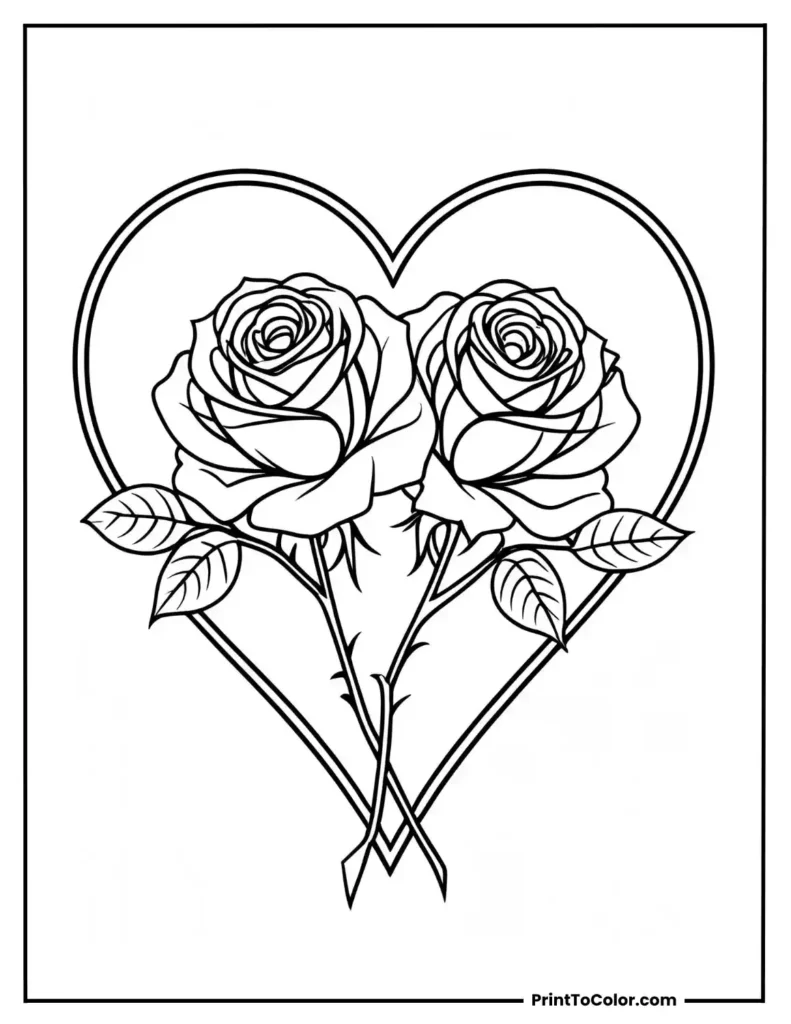Two roses intertwined inside a heart outline