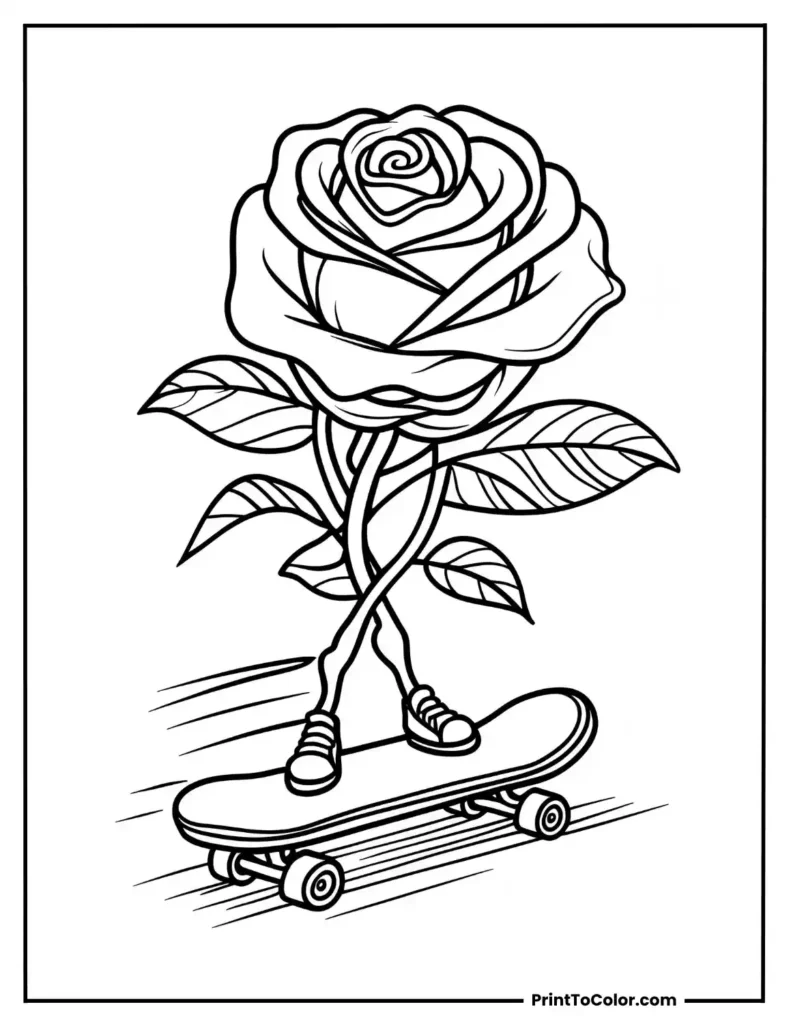 A rose riding on a skateboard