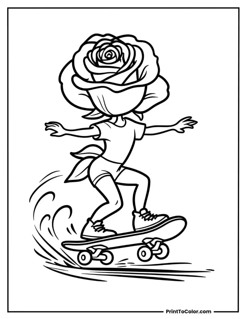 A dancing rose riding on a skateboard