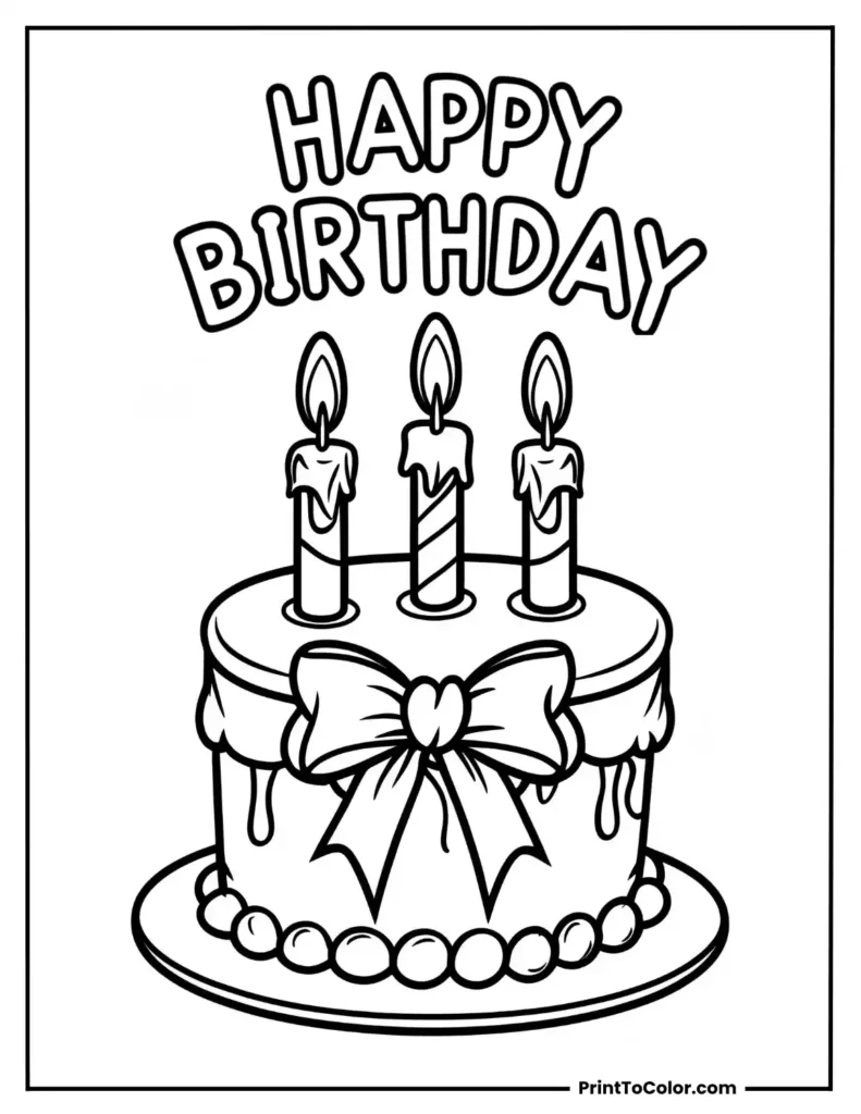 birthday cake with three candles and Happy Birthday written