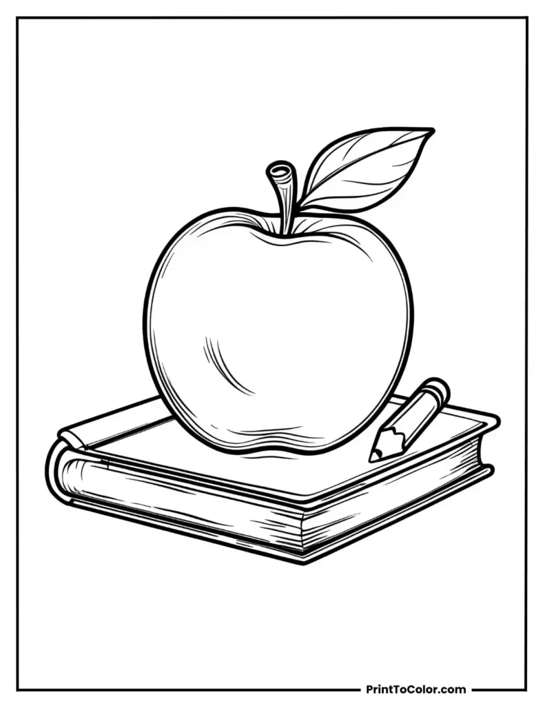 Apple with a school pencil on a book