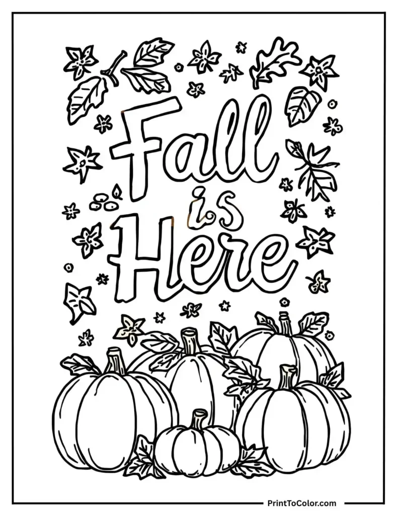 Fall is Here’ outlined with doodle-style pumpkins