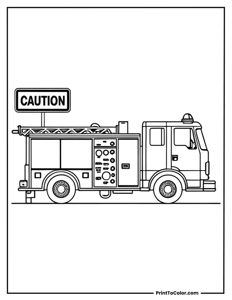 Fire truck beside a “Caution” sign in block letters
