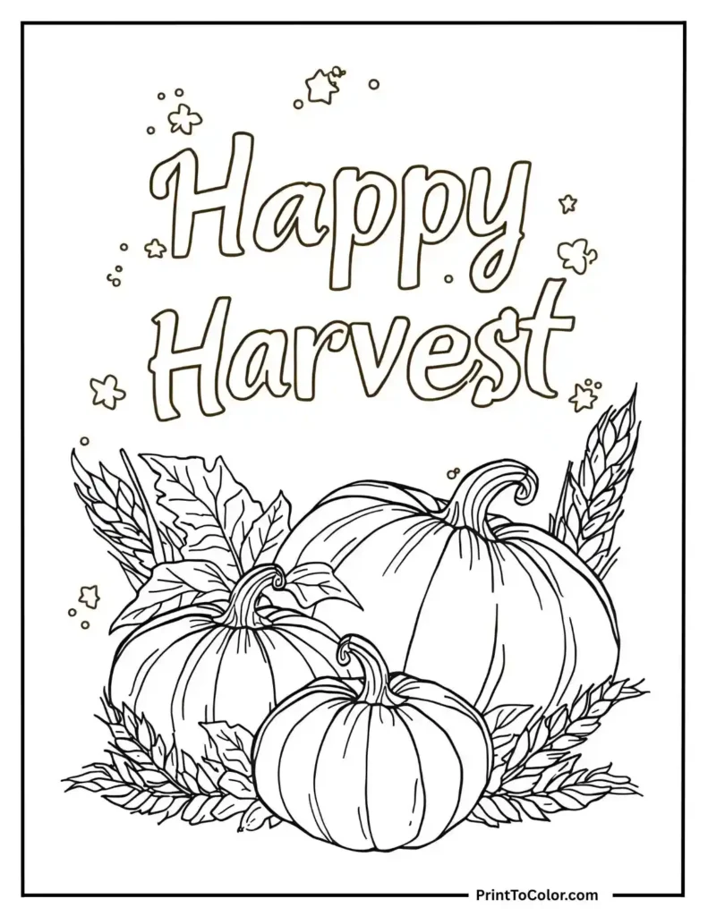 Happy Harvest’ outlined with pumpkins and wheat