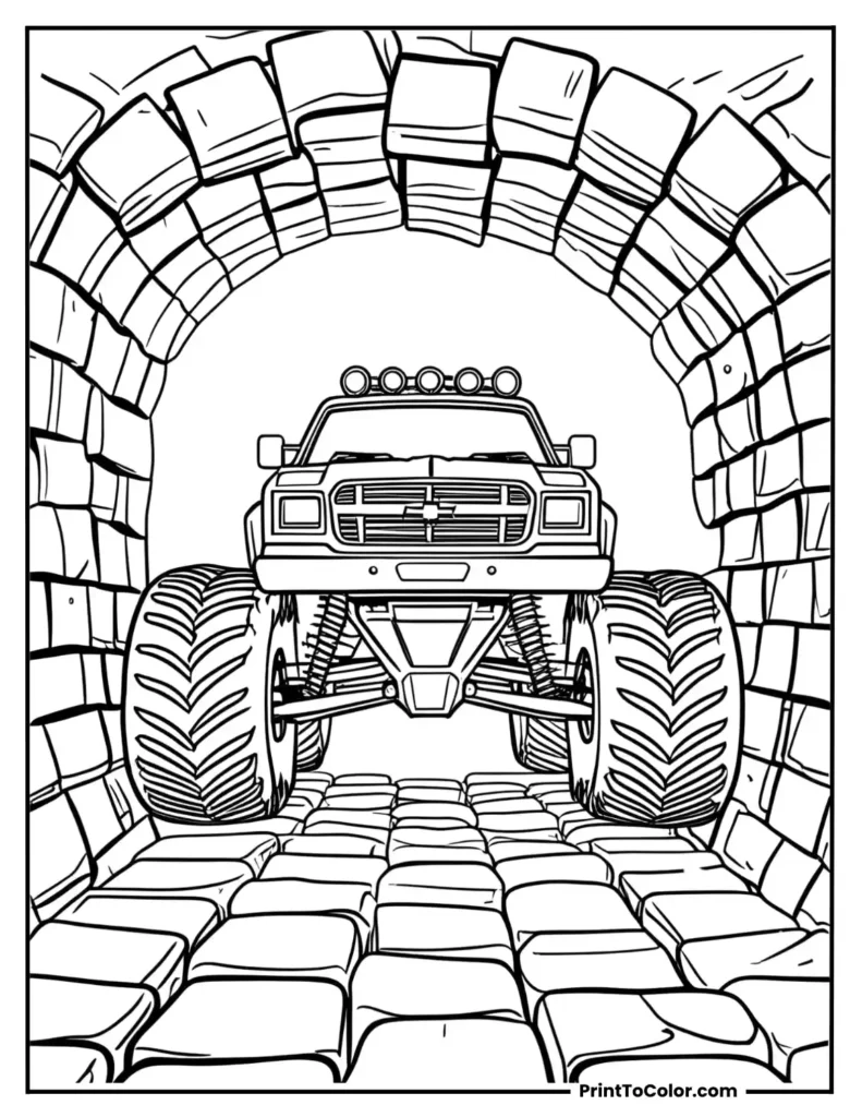 Monster truck driving through an outlined tunnel made of bricks,