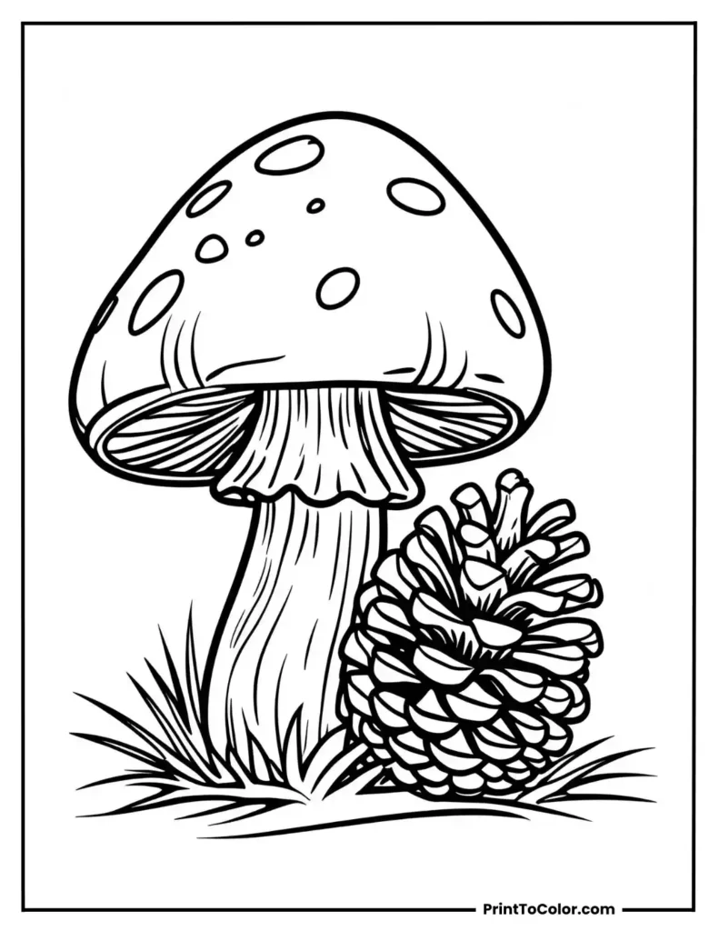 Mushroom beside a pinecone