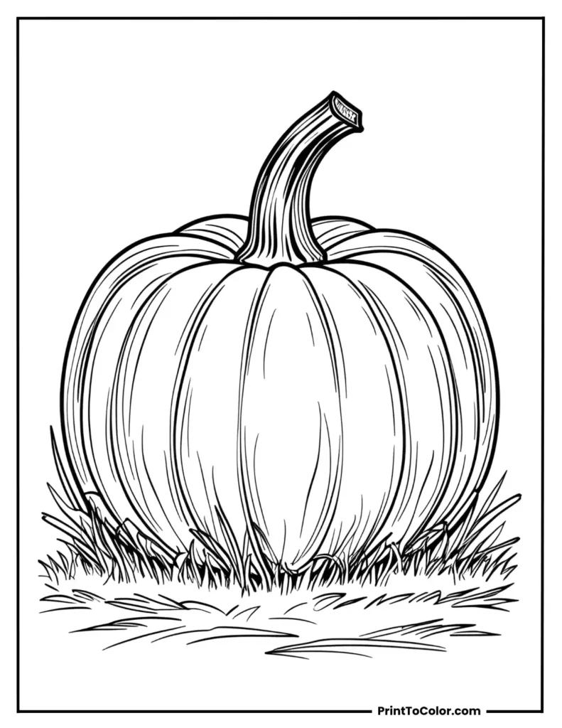 Pumpkin sitting on a basic outlined patch of grass