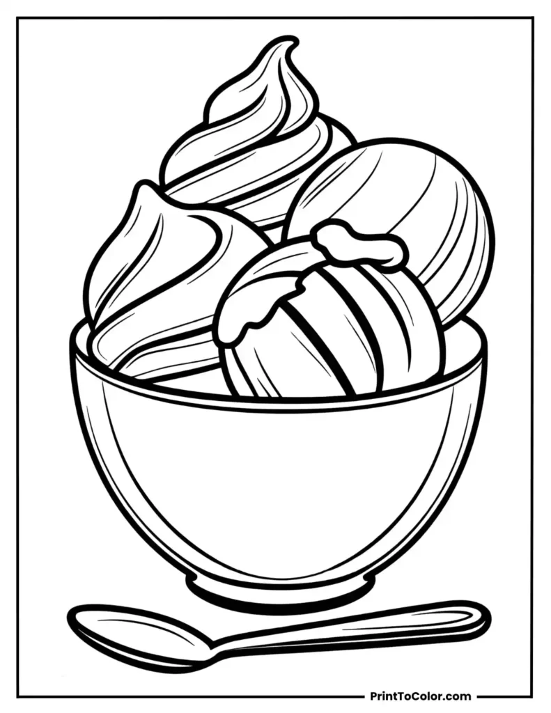 Round bowl with three scoops of ice cream and a spoon