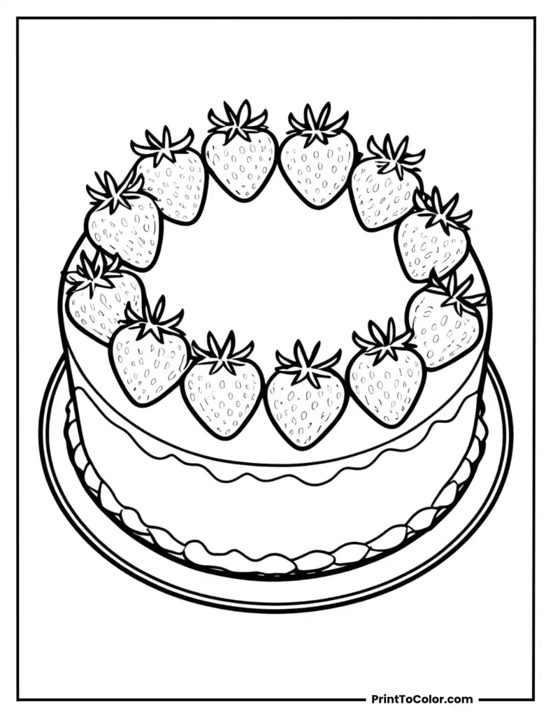 Round cake topped with outlined strawberries