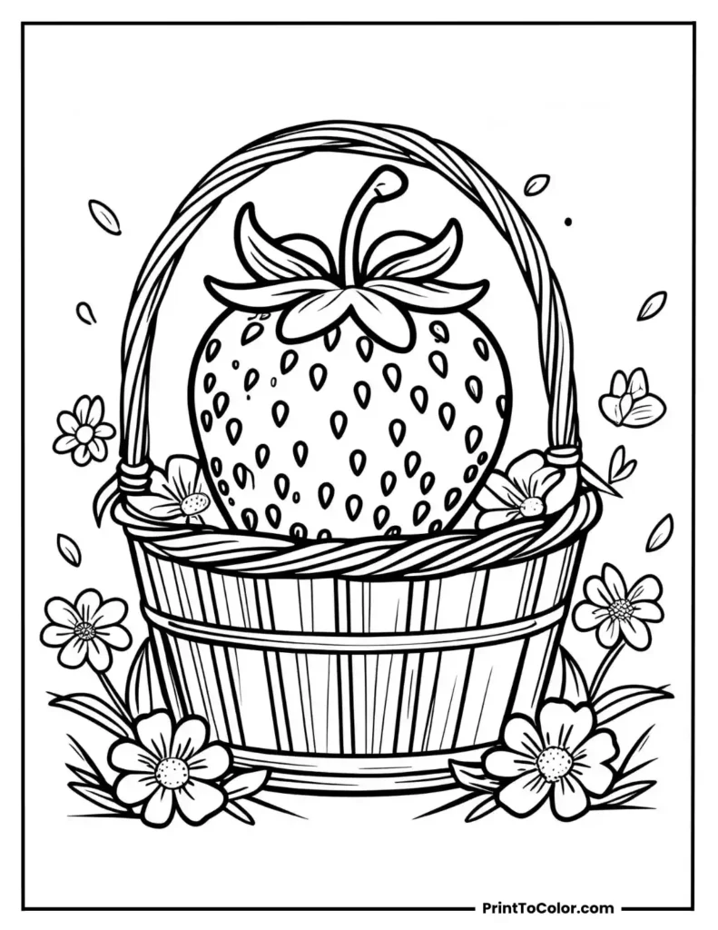 Strawberry in a basket with spring flowers around
