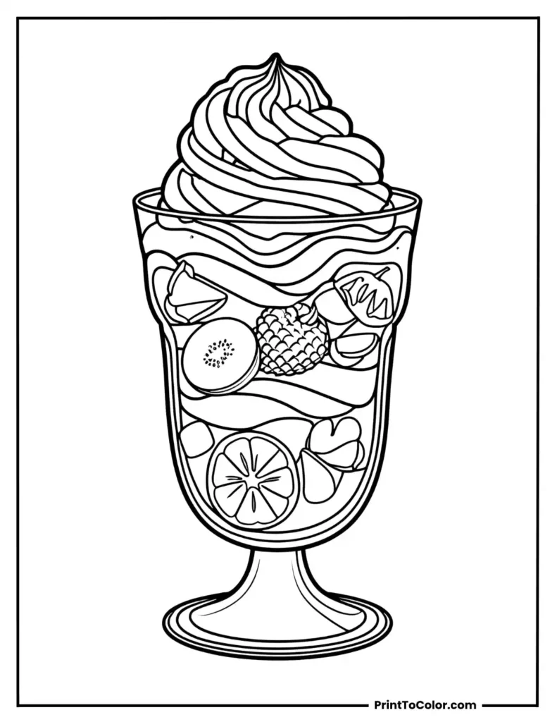 Tall fruit parfait cup with outlined layers of ice cream and sliced fruit