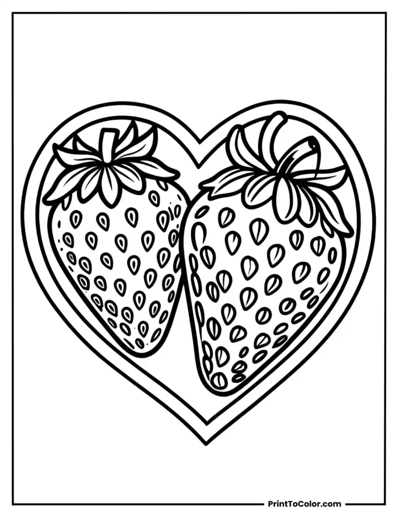 Two strawberries inside a heart frame