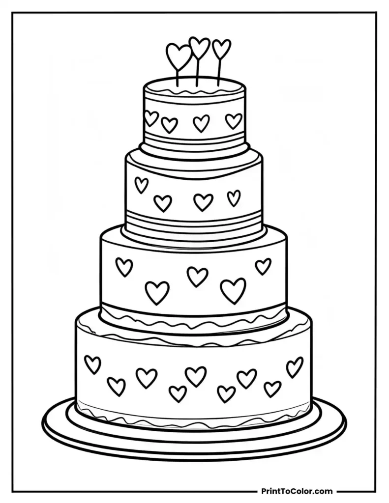 Wedding cake with four tiers and tiny outlined hearts