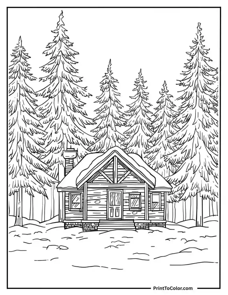 cabin with snow‑covered roof in a forest