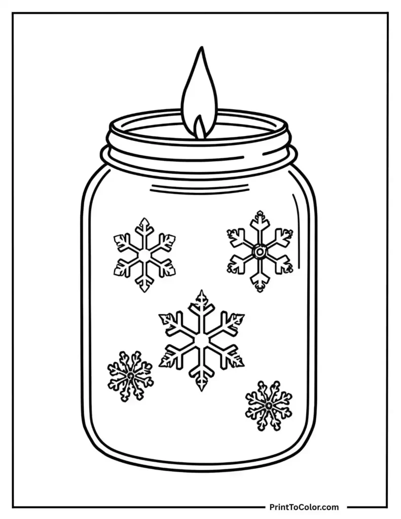 candle in a jar with snowflake decorations