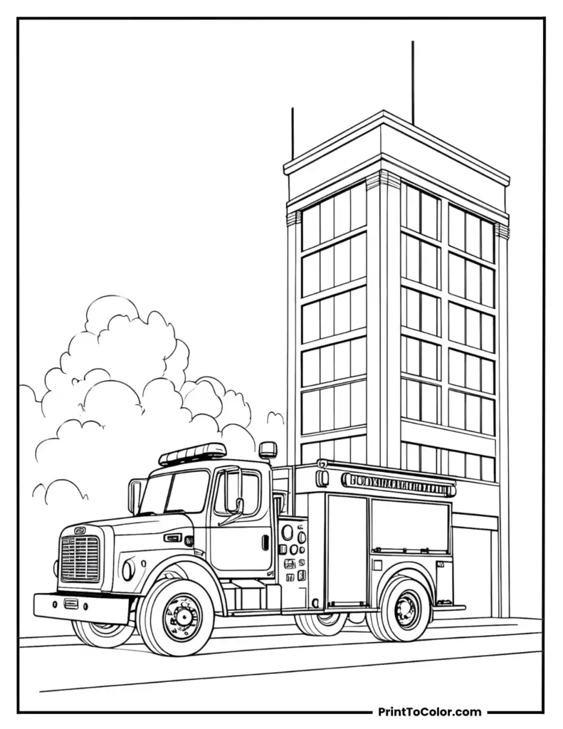 fire truck parked next to a tall out of a fire station building