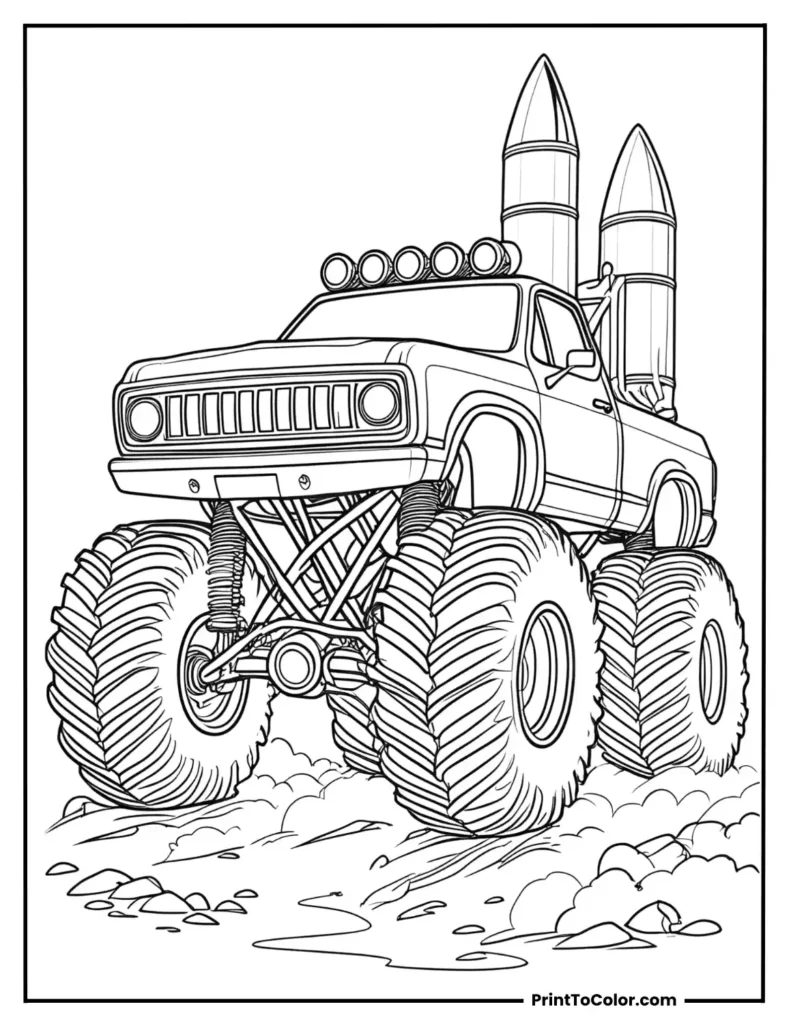 monster truck with rocket bosters on back