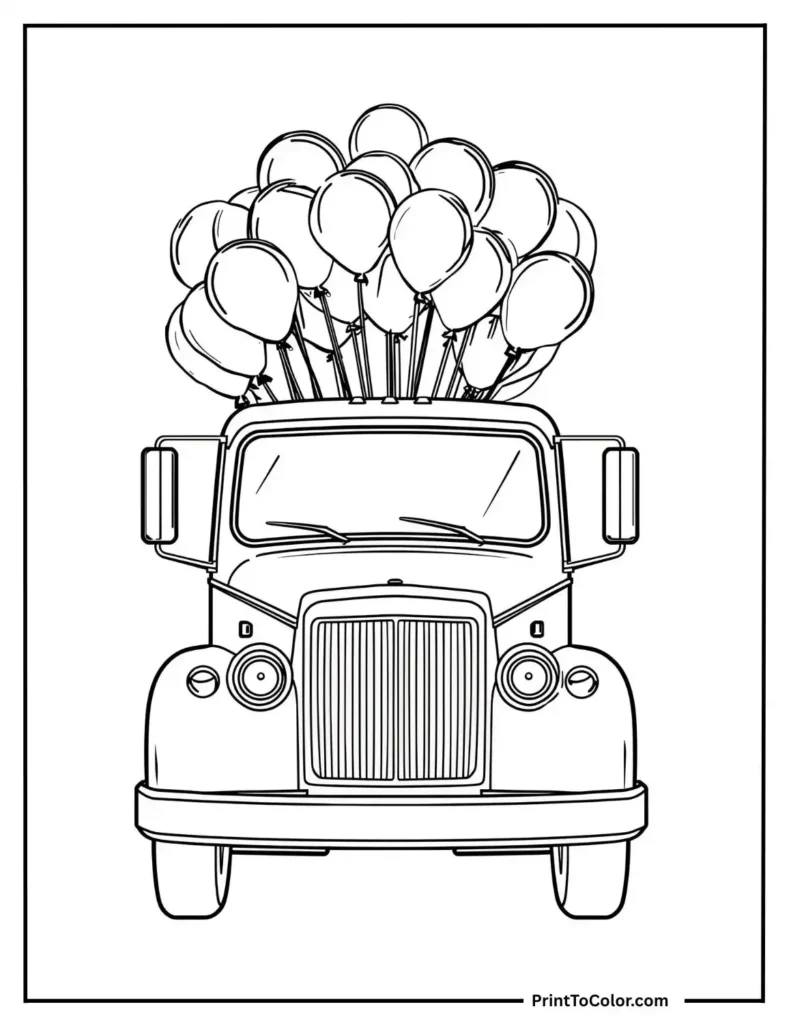 parade truck with balloons tied on top