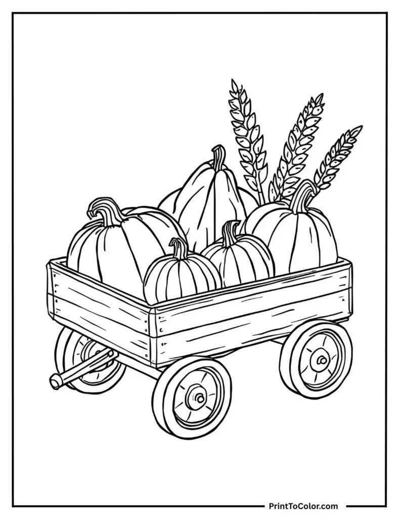 pumpkin wagon filled with gourds and wheat