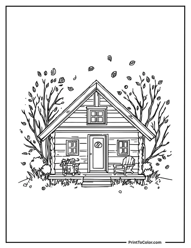rustic cabin with falling leaves