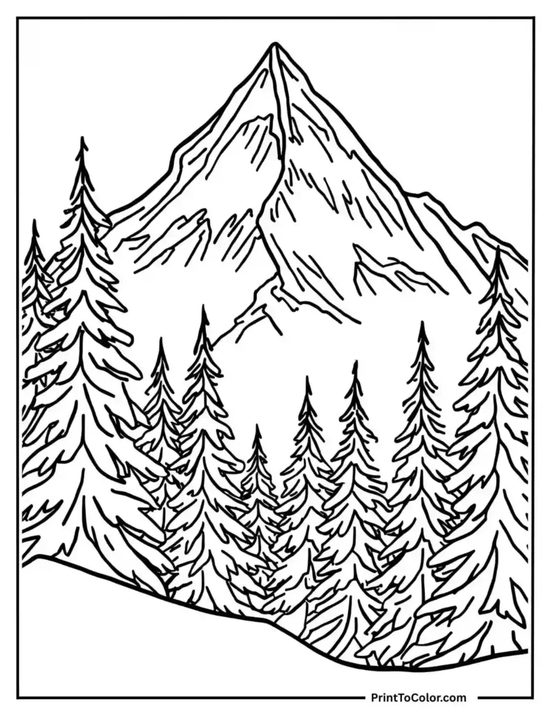 snowy mountain scene with pine trees