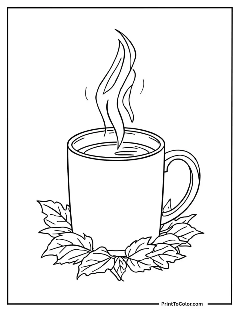 steaming mug of tea with fall leaves around it
