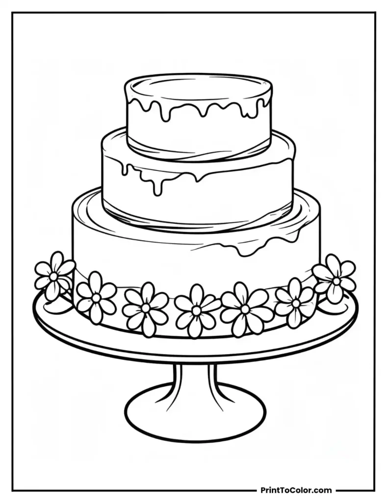 three layered cake with a flower design placed on a round table
