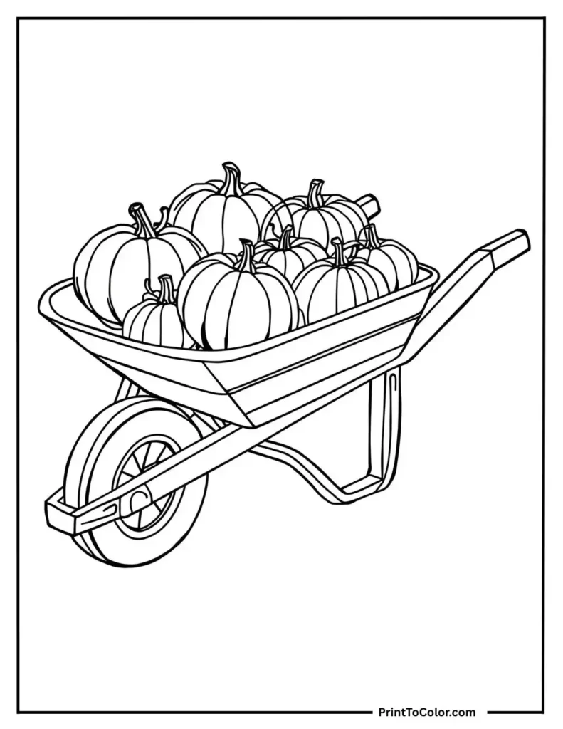 wooden wheelbarrow filled with pumpkins